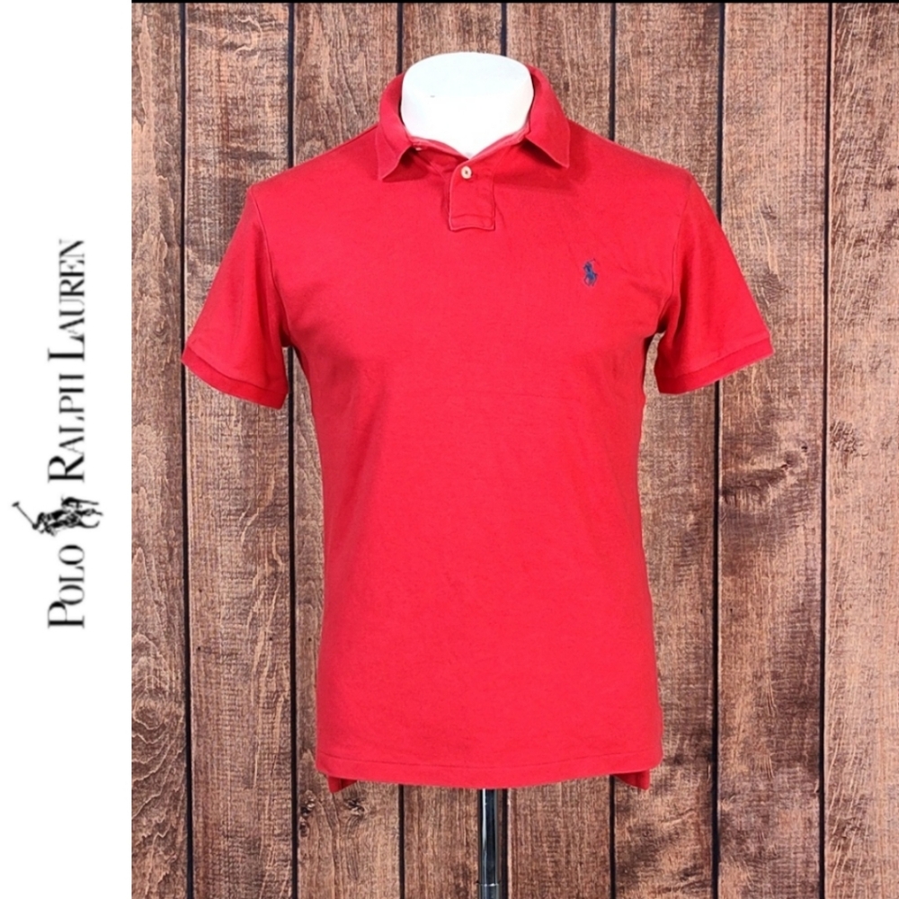 Vtg Custom Fit Mens Blue Pony On Red Soft Cotton Short Sleeve Polo